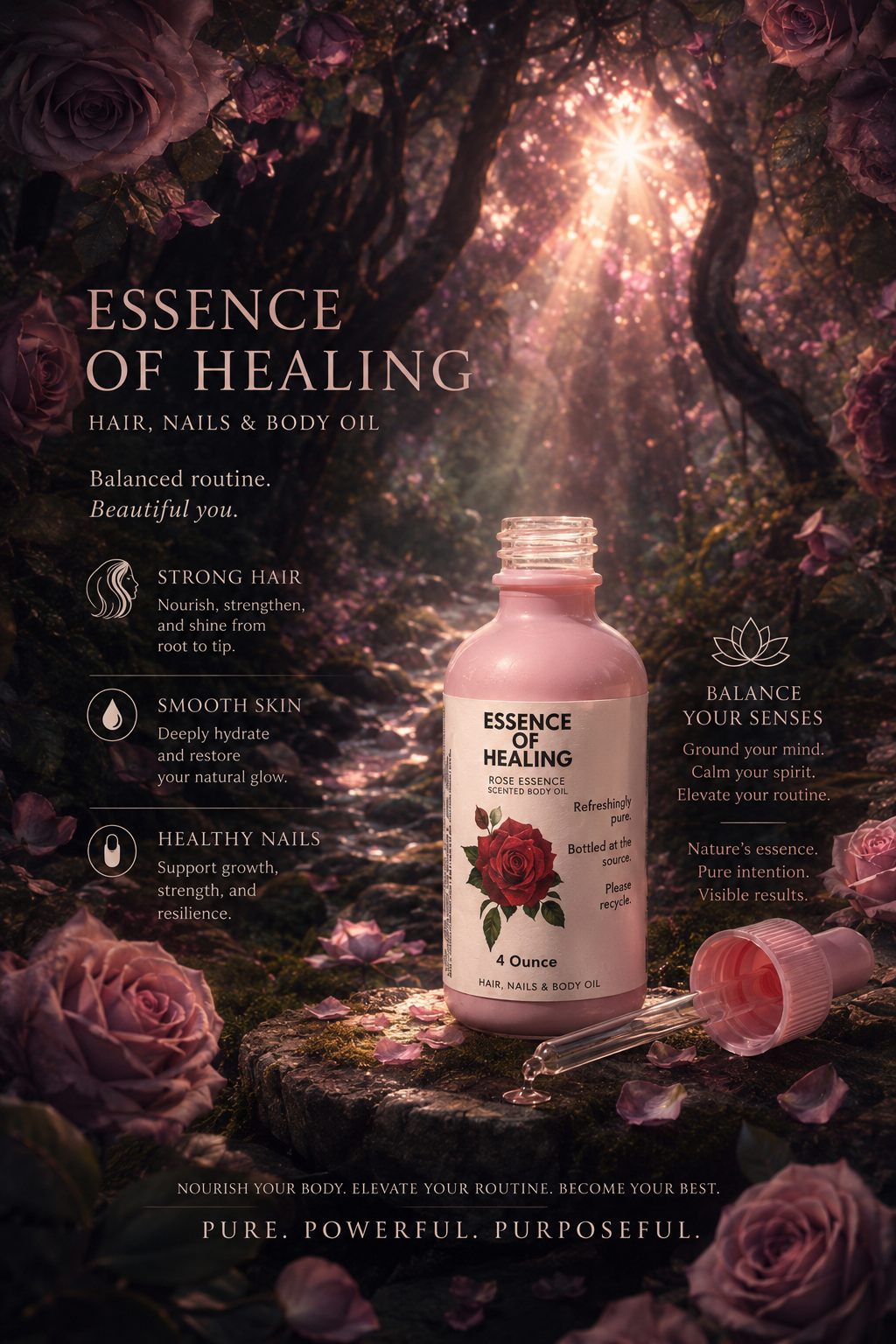 Bottle of 'Essence of Healing' Rose essence body oil with a mystical forest background